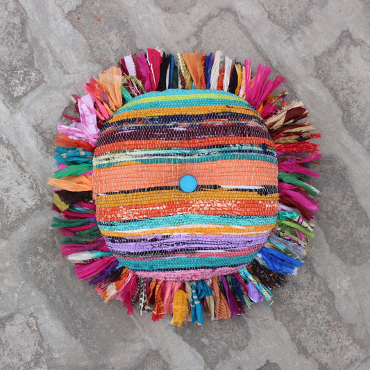 Rag Rug Round Boho Meditation Pillow Cover Indian Bohemian Sari Pillow With Fringes Colorful Pillow Indian Decorative Floor Pillow