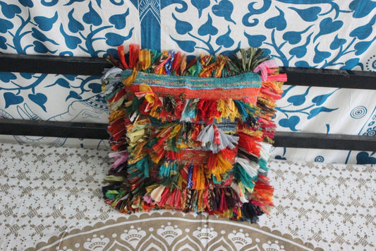 Colorful Square Pillow Cover Decorative Pillow Chindi Farmhouse Rug Pillow Sari Pillow Cover Bohemian Fringe Pillow Indian Pillow Cover