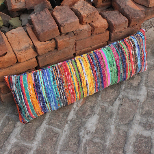 Colorful Boho Lumbar Pillow Cover Indian Pillow Bohemian Lumbar Pillow Rectangular Decorative Pillow Chindi Rug Pillow Farmhouse Hand Woven